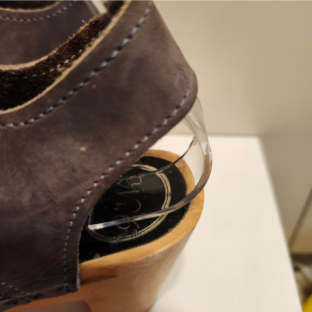 No. 6 Taupe Nubuck Leather Lace Up Corset Open Toe Wood Clogs Sz.6/36  Ret.$260 - Picture 8 of 13